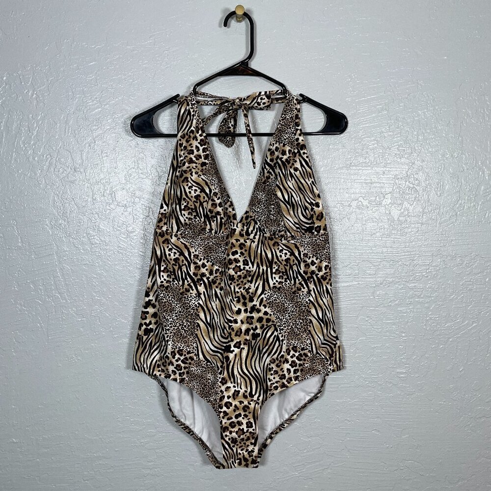 Catalina Women Plus Size 2X Black Brown Animal Print One Piece Swimsuit Halter